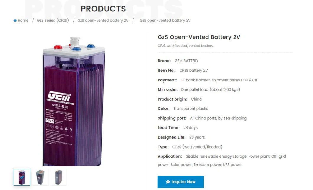 GEM Battery I OPzS batteries 2V-150AH for Solar/Wind-Power/Telecome systems